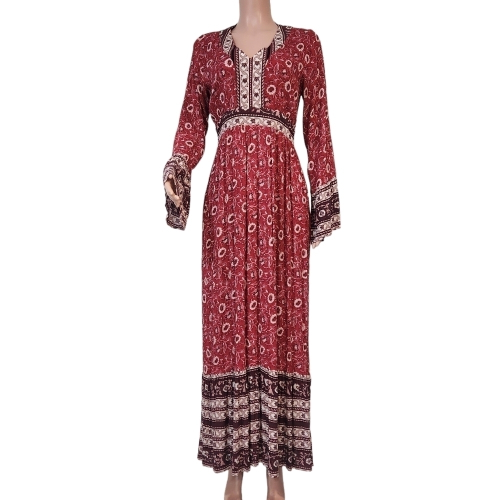 Knox Rose Boho Hippie Maxi Long Sleeves Red Brown Tan Cream Colored Sz S